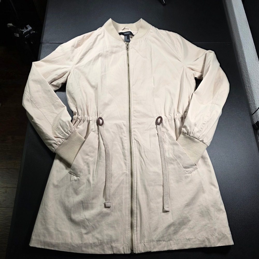 Forever 21 Womens Longline Bomber Jacket Cream Beige Drawstring Waist Medium *
